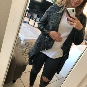 marled gray sweater with faux LEATHER sleeves